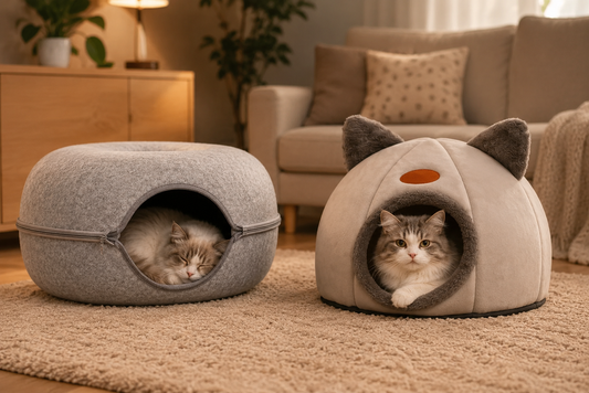 Cozy indoor cats relaxing in plush cave beds in a modern home. Two happy cats enjoying soft enclosed sleeping nests.