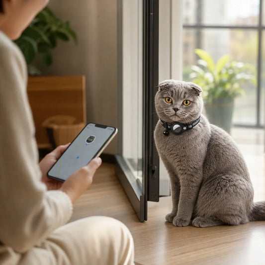 Gray cat wearing an AirTag collar near an open balcony door Cat with GPS collar sitting safely at home AirTag cat collar on gray Scottish Fold cat Owner checking cat location on smartphone indoors
