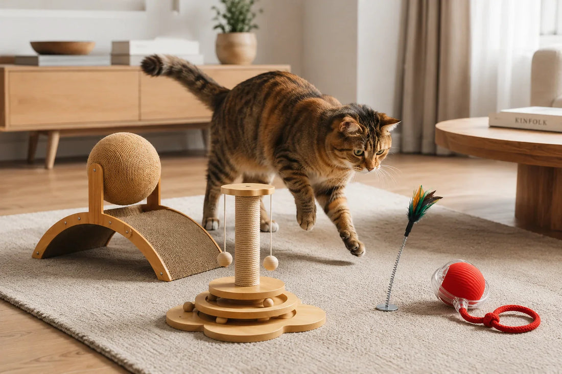 Cat playing with interactive toys in a modern Scandinavian living room Premium cat toys with scratching board and teaser in cozy apartment Happy indoor cat exploring wooden puzzle and moving tail toy