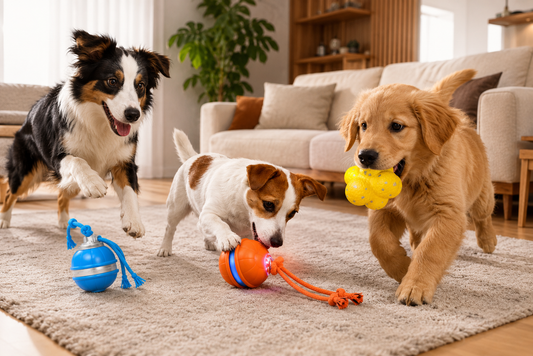 Happy dogs playing with interactive toys indoors Energetic puppies enjoying enrichment dog balls Motion-activated dog toy in modern living room Dogs chasing bouncing interactive balls at home