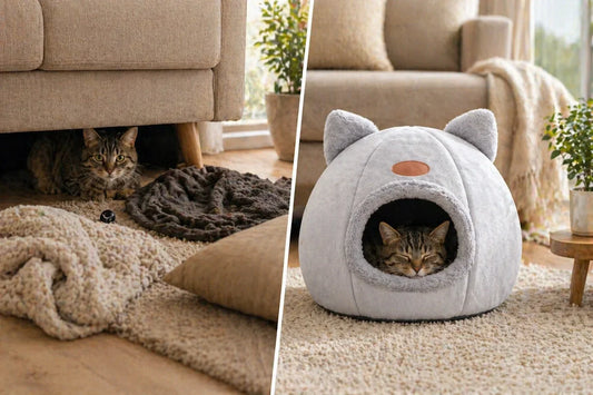   Cat hiding under sofa near cozy cave bed   Indoor cat relaxing inside plush cat cave   Cozy cat bed in warm living room   Anxious cat finding comfort in soft cave bed