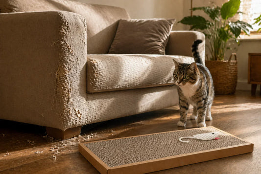 Cat staring at scratching mat beside damaged sofa Scratched couch corner with curious cat and scratch pad Indoor scene with torn sofa and cat eyeing scratch mat Cat near damaged furniture and scratching board solution