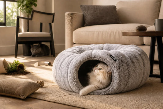 Cat relaxing inside plush tunnel bed Cozy cat tunnel bed in modern living room Fluffy cat bed tunnel for indoor cats Happy cat resting in soft tunnel bed Premium plush cat cave tunnel bed