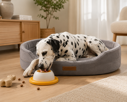 Dalmatian relaxing in orthopedic dog bed Dog using slow feeder beside cozy bed Calm spotted dog enjoying enrichment toy Comfortable dog resting in plush pet bed Happy Dalmatian with slow feeder bowl
