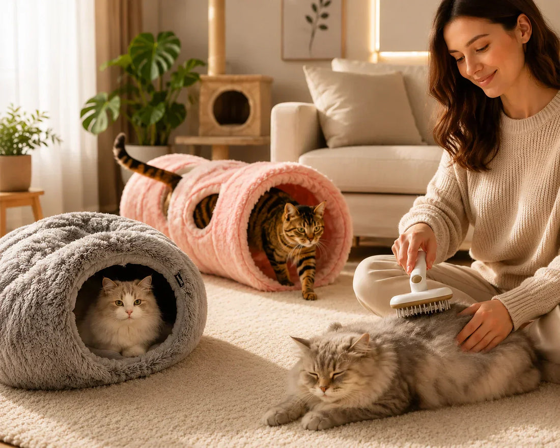 Cozy cat cave bed Cat relaxing in plush bed Indoor cat comfort zone Cat tunnel bed playtime Gentle cat grooming Plush cat sleeping cave Happy indoor cats Luxury cat lifestyle Cat bed and tunnel Comfortable cat retreat
