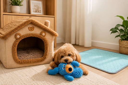 Small dog relaxing beside a cozy cave bed and chew toy Happy puppy chewing a squeaky plush dog toy indoors Washable dog pee pad in a modern pet-friendly home Cozy dog cave bed for small dogs and puppies