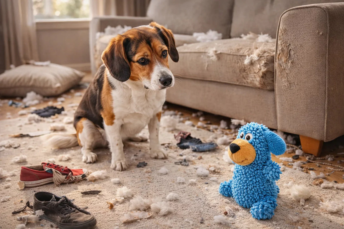   Guilty dog in messy room eyes squeaky toy   Bored dog surrounded by chewed shoes and debris   Destructive dog notices blue chew toy nearby   Messy living room with restless dog and toy   Dog sits among torn cushions looking at toy