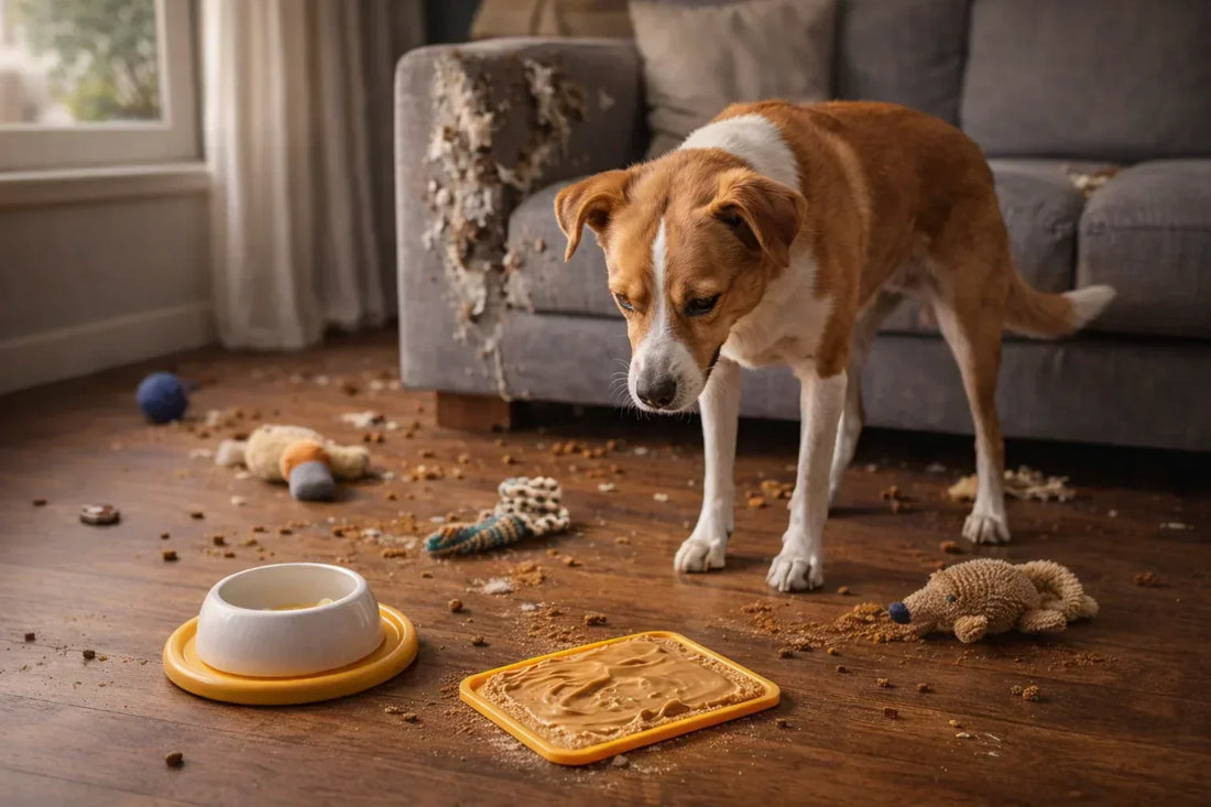 Anxious dog in messy room focuses on lick mat Bored dog ignores empty bowl, notices lick mat Dog near chewed sofa calms with lick mat Messy living room with dog and calming lick mat Restless dog finds comfort in peanut butter mat