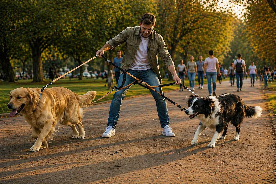 Two dogs tangled during a park walk Dog owner struggling with crossed leashes Golden retriever and border collie pulling Tangled dog leashes during outdoor walk Frustrated owner walking two energetic dogs
