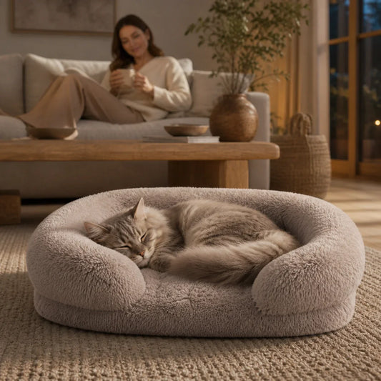 Peaceful cat sleeping in a fluffy donut pet bed Cozy cat resting in a soft plush donut bed Relaxed cat curled inside a fluffy pet bed Cat sleeping calmly in a raised-side donut bed Fluffy cat bed for deep and cozy rest