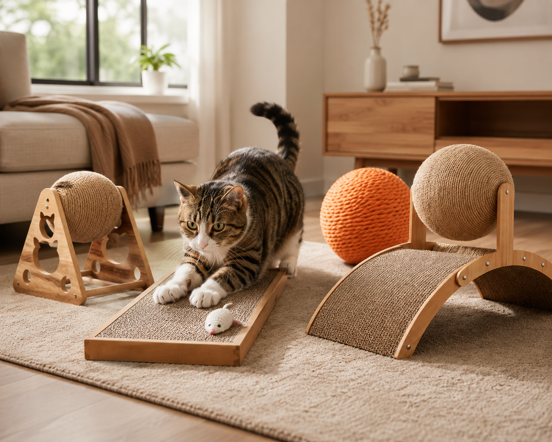 Cat playing with premium scratching toys in modern home Indoor cat scratching cardboard scratch board naturally Luxury sisal cat scratching toys in Scandinavian interior Happy cat with wooden scratching ball and scratcher