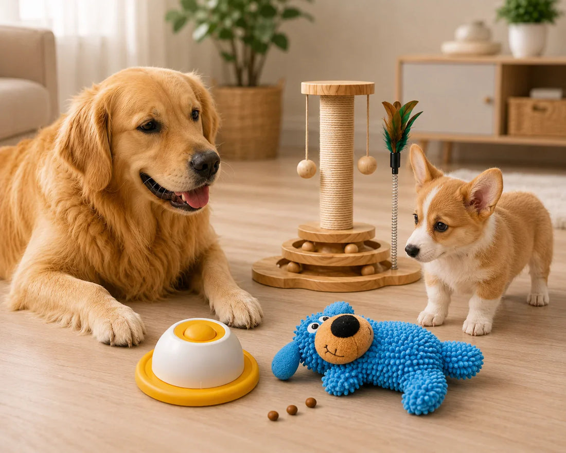 Happy dog and puppy with pet toys indoors Golden retriever beside interactive pet toys Corgi puppy near blue chew toy Cat puzzle toy in modern home interior Cozy pet enrichment setup for dogs and cats Interactive pet toys on wooden floor