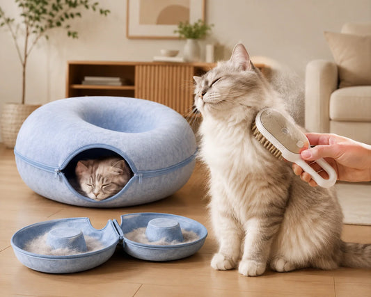 Cat enjoying gentle steam grooming at home Relaxed fluffy cat with grooming brush Cozy cat spa day in Scandinavian apartment Cat resting in plush cave bed indoors