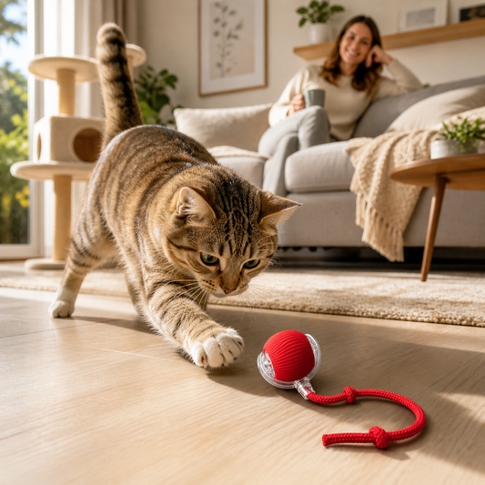 Cat chasing red interactive ball toy in cozy living room Playful tabby cat pouncing on cat toy with rope tail Interactive cat toy ball keeping indoor cat entertained Happy cat playing with red toy ball on wooden floor