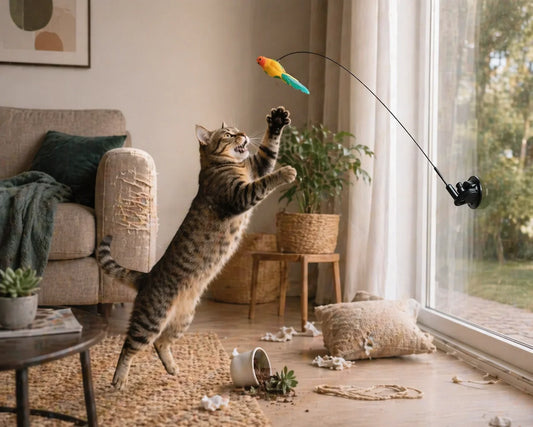 Cat jumping at bird teaser toy near window Playful indoor cat chasing feather bird toy Interactive cat toy with suction cup in living room Energetic tabby cat playing with teaser bird Indoor cat entertained by bouncing feather toy