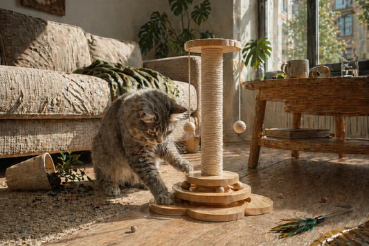Cat playing with wooden puzzle toy indoors Interactive cat toy with hidden treat puzzle Curious cat using wooden puzzle board Indoor cat focused on treat puzzle game Modern living room with cat activity toy