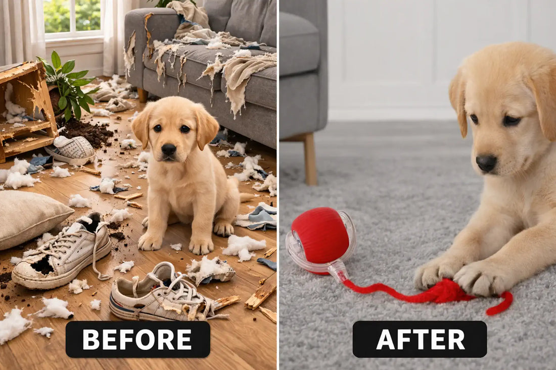 Dog toy before and after Puppy playing with interactive ball Dog stops chewing furniture Bored dog vs happy dog Interactive dog toy in action Puppy with red ball toy Dog behavior improvement toy Calm dog after playing Dog entertainment toy