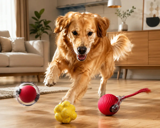 Dog chasing interactive moving tail ball Happy dog playing with bouncing toy ball Energetic dog enjoying interactive dog toys Dog running after moving tail toy Active dog playing indoors with toy balls