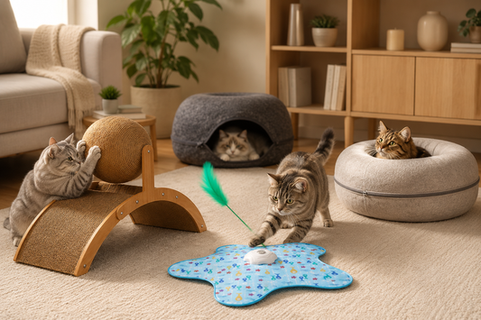 Cats playing with interactive toys in cozy modern apartment Indoor cats enjoying scratching and feather teaser toys Modern cat play area with scratching ball and soft beds Happy cats relaxing and playing in Scandinavian-style home