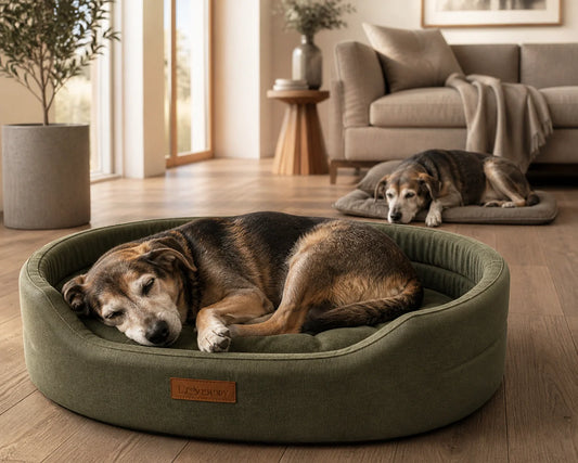Senior dog resting in orthopedic memory foam bed Comfortable orthopedic dog bed for older pets Aging dog sleeping peacefully on supportive pet bed Premium orthopedic dog bed in modern living room Memory foam dog bed for joint support and comfort