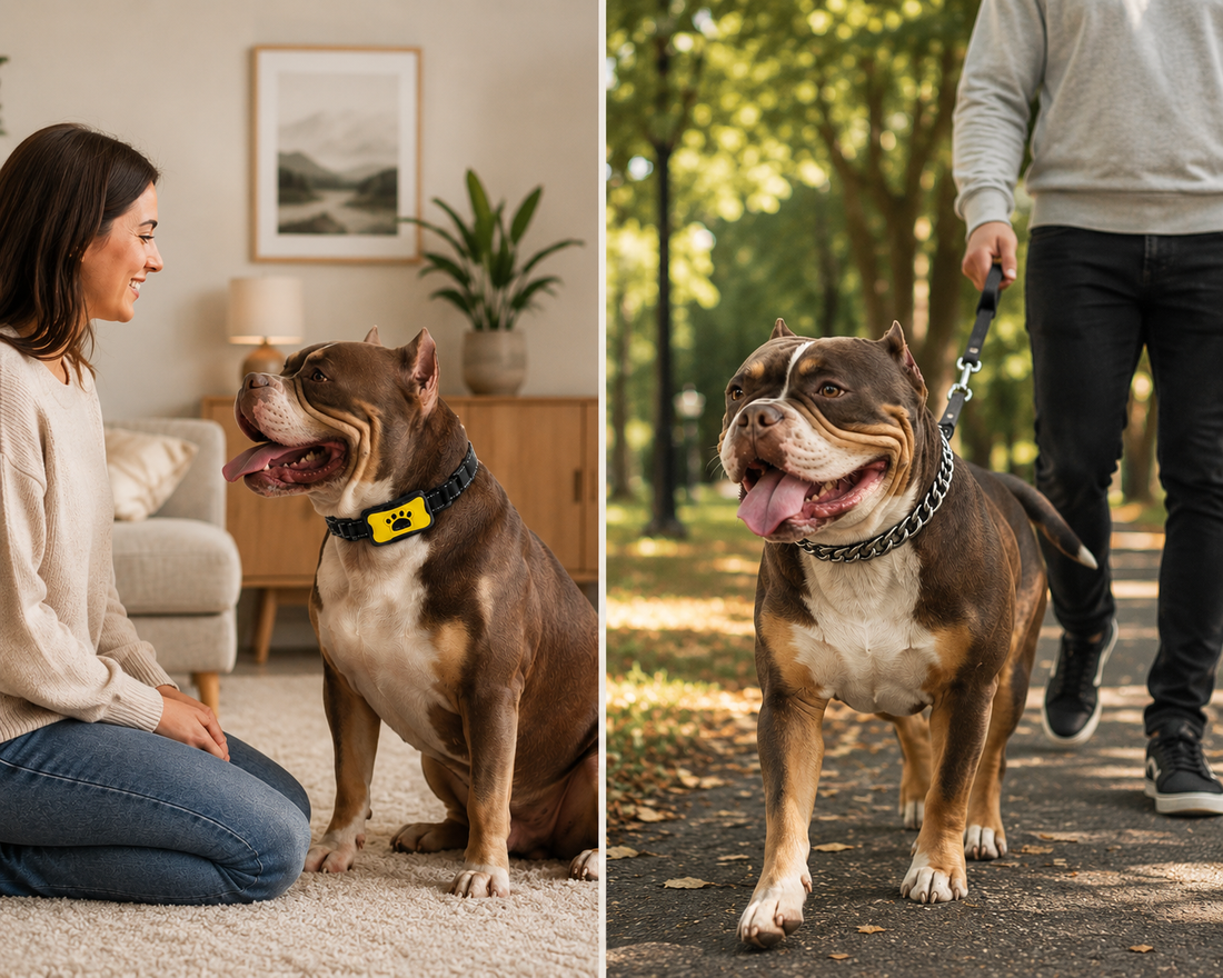 Happy dog wearing training collar indoors Dog owner training calm bulldog at home Well-trained dog with anti bark collar Comfortable dog walking on park path