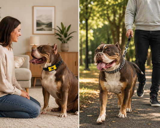 Happy dog wearing training collar indoors Dog owner training calm bulldog at home Well-trained dog with anti bark collar Comfortable dog walking on park path