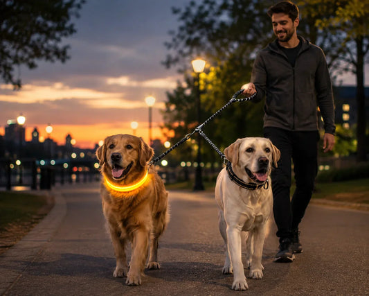 Two dogs enjoying a safe evening walk with LED collar Glowing dog collar for nighttime visibility Happy dogs walking with a double swivel leash