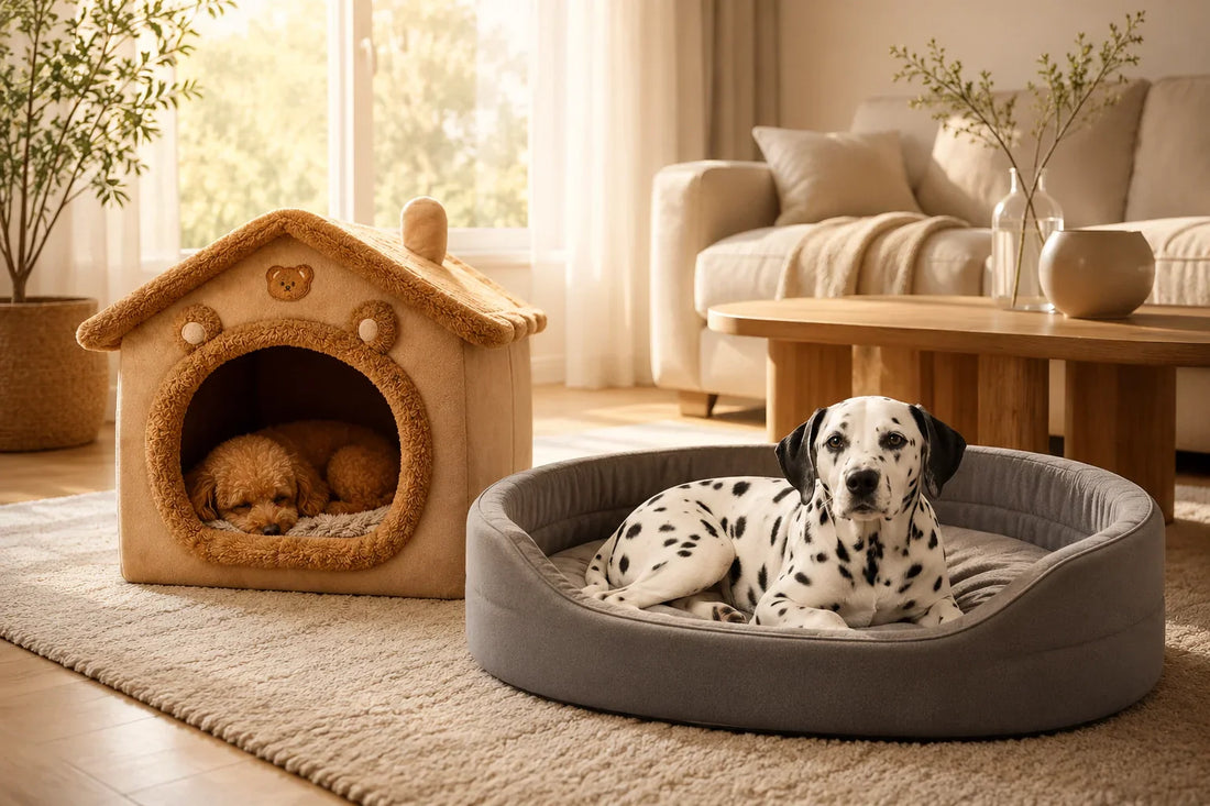 Small dogs resting in cozy cave and orthopedic beds indoors Warm Scandinavian living room with comfortable dog sleeping beds Plush cave dog house and orthopedic pet bed for small dogs Cozy indoor dog beds providing warmth and joint support