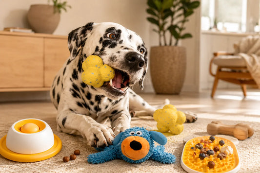 Dalmatian playing with enrichment dog toys indoors Happy dog chewing a yellow interactive ball Cozy modern home with playful dog and toys Dog relaxing beside lick mat and plush toy