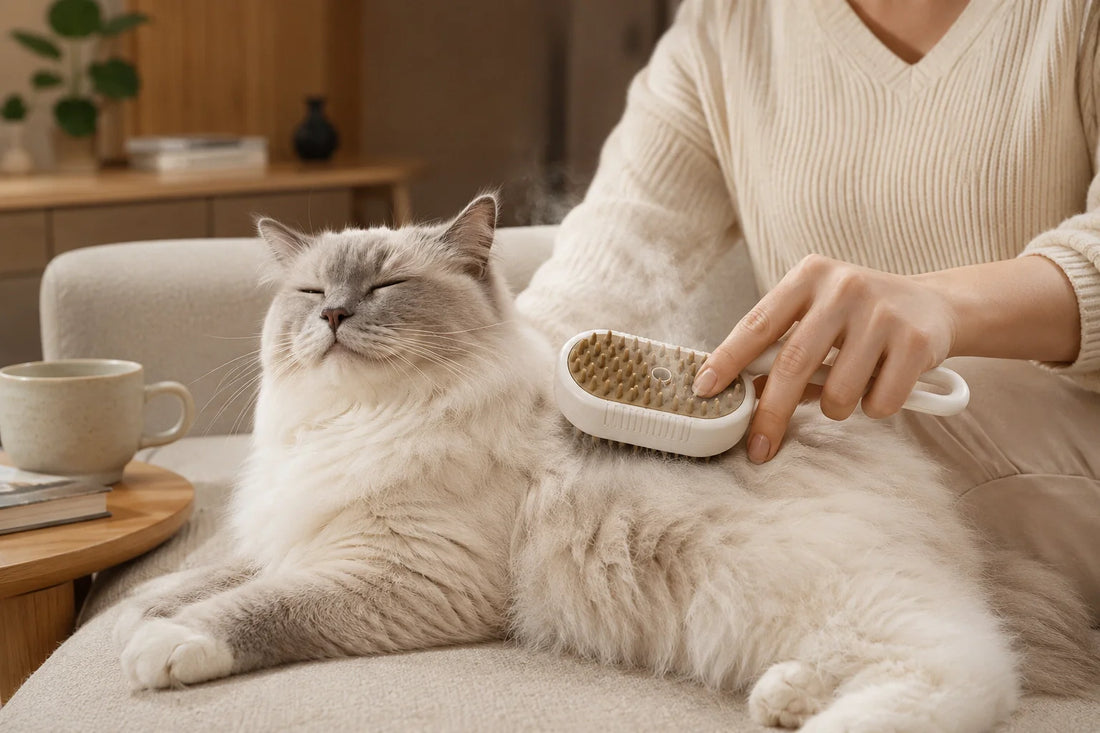 Fluffy indoor cat enjoying steam grooming on a cozy beige sofa Premium steam cat brush gently removing loose fur from long-haired cat Relaxed fluffy cat being brushed in a modern Scandinavian home