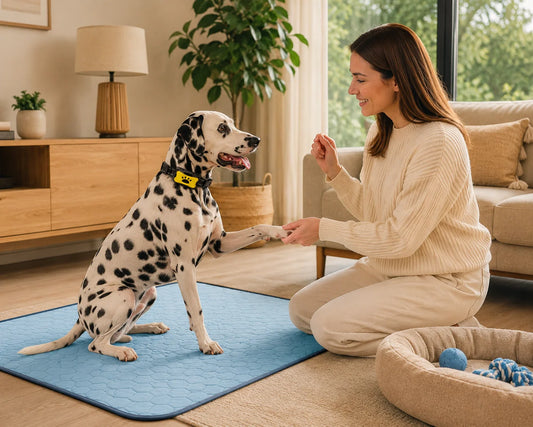 Dog training on washable pee pad Calm Dalmatian wearing anti bark collar Indoor dog potty training setup Happy owner training dog at home Reusable dog pee pad for puppies