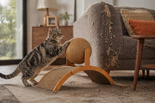   Cat scratching wooden sisal toy near damaged sofa   Playful cat using scratching ball in cozy living room   Modern cat scratcher protecting furniture from claw damage   Tabby cat interacting with wooden scratching toy