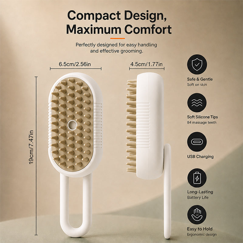 Gentle steam brush for sensitive cats