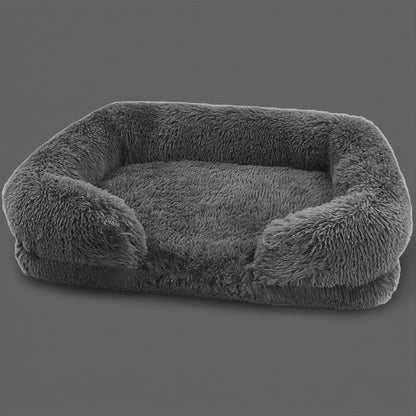 Soft plush pet bed with raised calming edges
