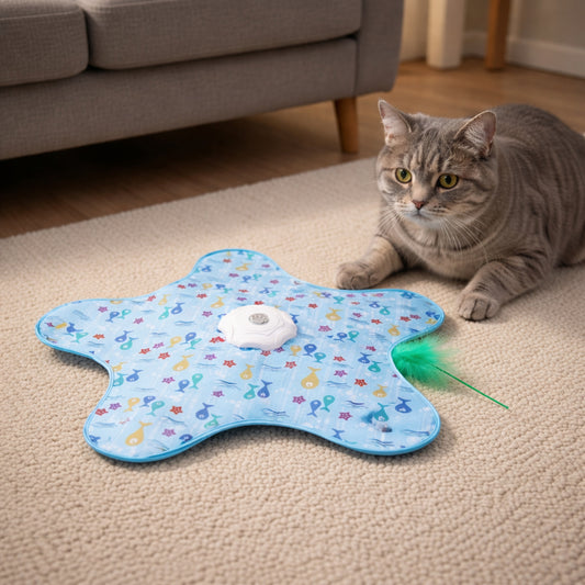 Interactive cat toy with hidden moving feather under mat