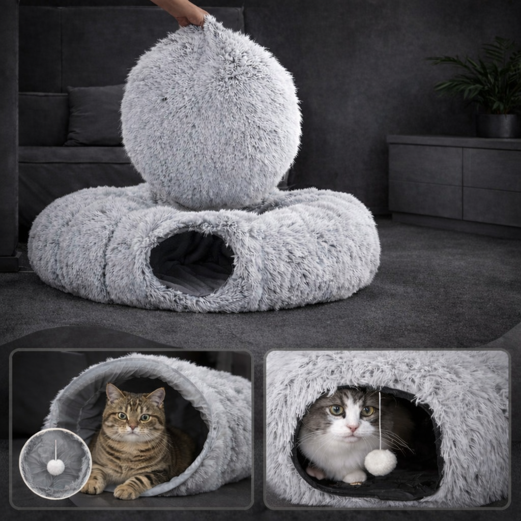 Cat play tunnel bed with plush comfort