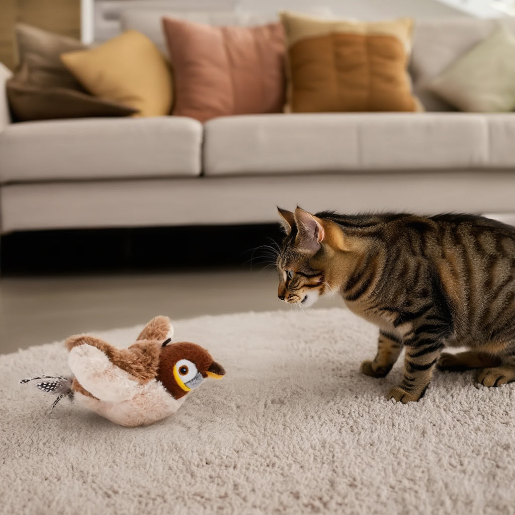 Rechargeable plush bird toy for cats with chirping sound