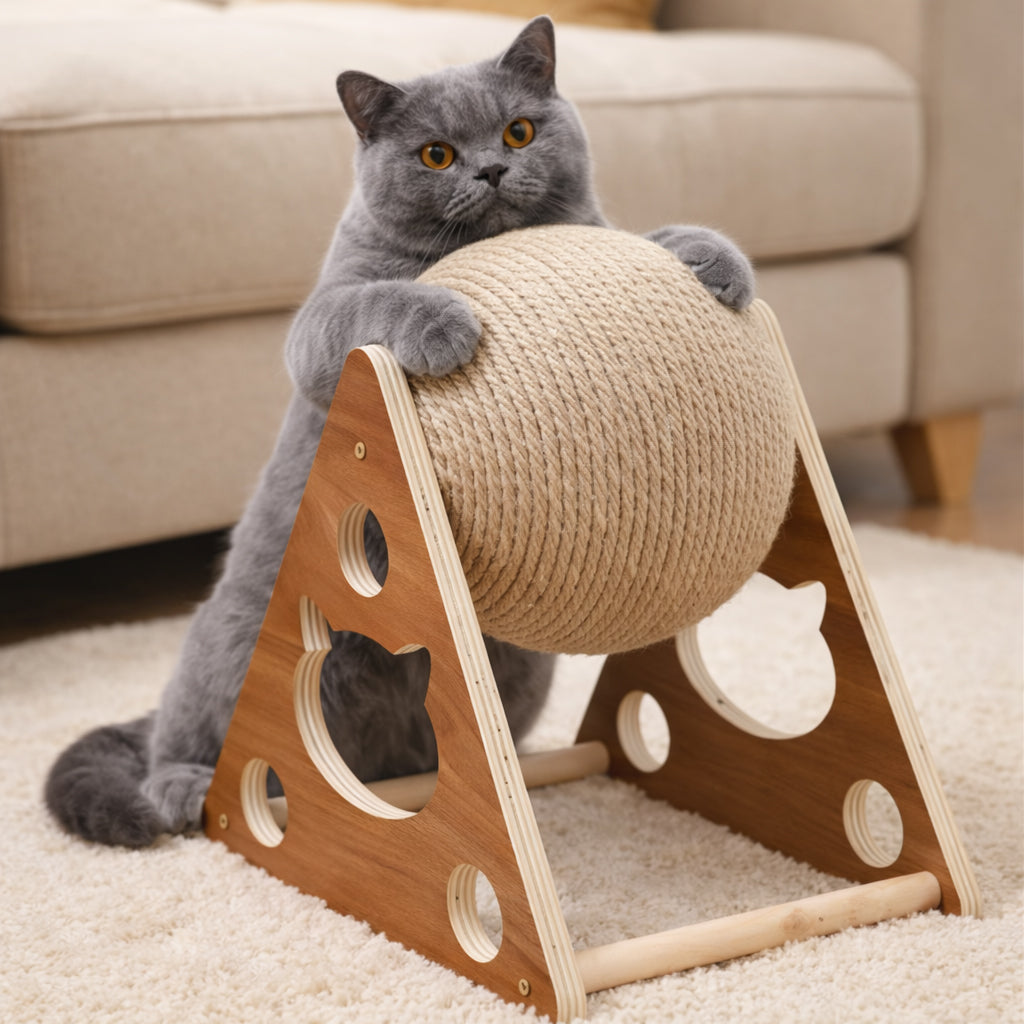 Rotating cat scratching ball with sisal surface